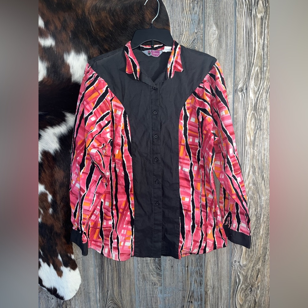 Vintage Cameo Rose size large black with pink and orange print button up western